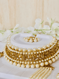 Image 2 of White and Gold Pearl Delight Kundan Set (choker, maala, earrings, tika)