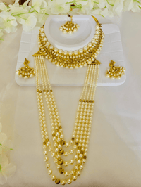 Image 1 of White and Gold Pearl Delight Kundan Set (choker, maala, earrings, tika)