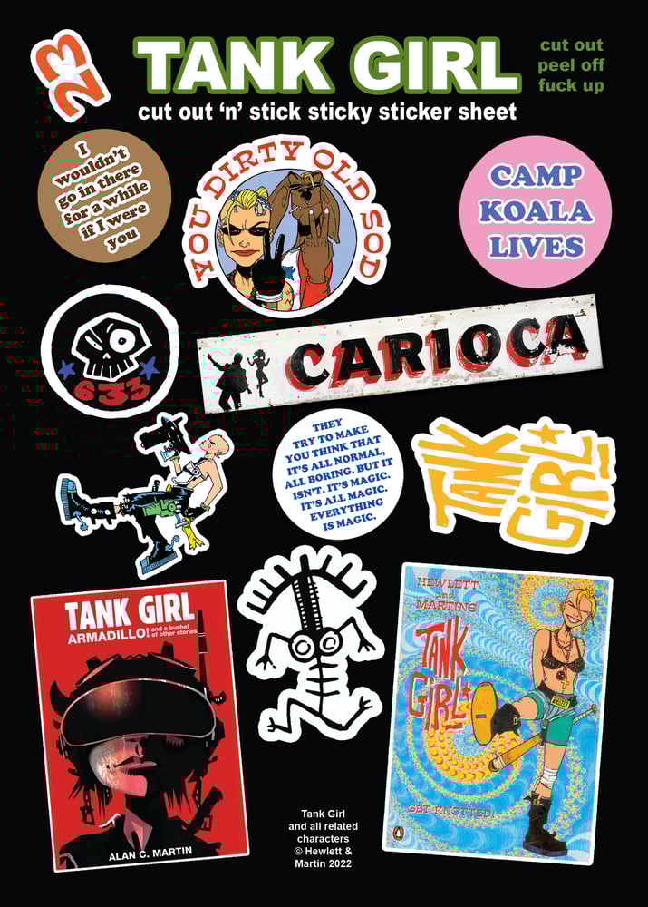 Image of TANK GIRL CUT-OUT STICKER SHEET AND FIVE MINI-PRINT SET