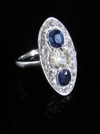 Image 2 of Art Deco 18ct cushion cut sapphire, yellow diamond and old cut diamond ring