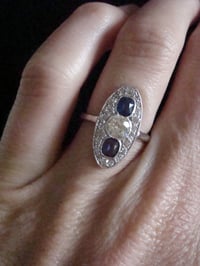Image 4 of Art Deco 18ct cushion cut sapphire, yellow diamond and old cut diamond ring