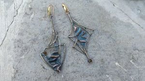 Blue and yellow long asymmetrical earrings 