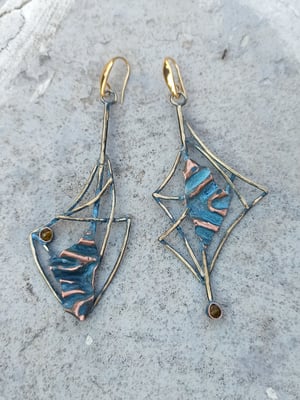 Blue and yellow long asymmetrical earrings 