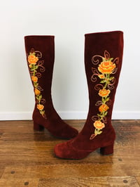 Image 1 of 1970s Embroidered "Penny Lane" Rust Suede Boots