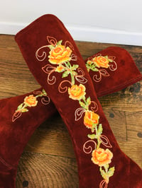 Image 5 of 1970s Embroidered "Penny Lane" Rust Suede Boots