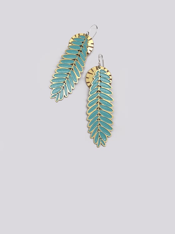 Image of LEAF EARRING: ACACIA / SENNA BLOOM BRASS BLUE