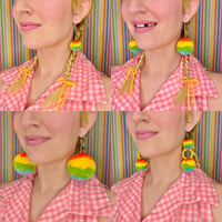 Image 3 of Bright Rainbow Striped Fluff Earrings