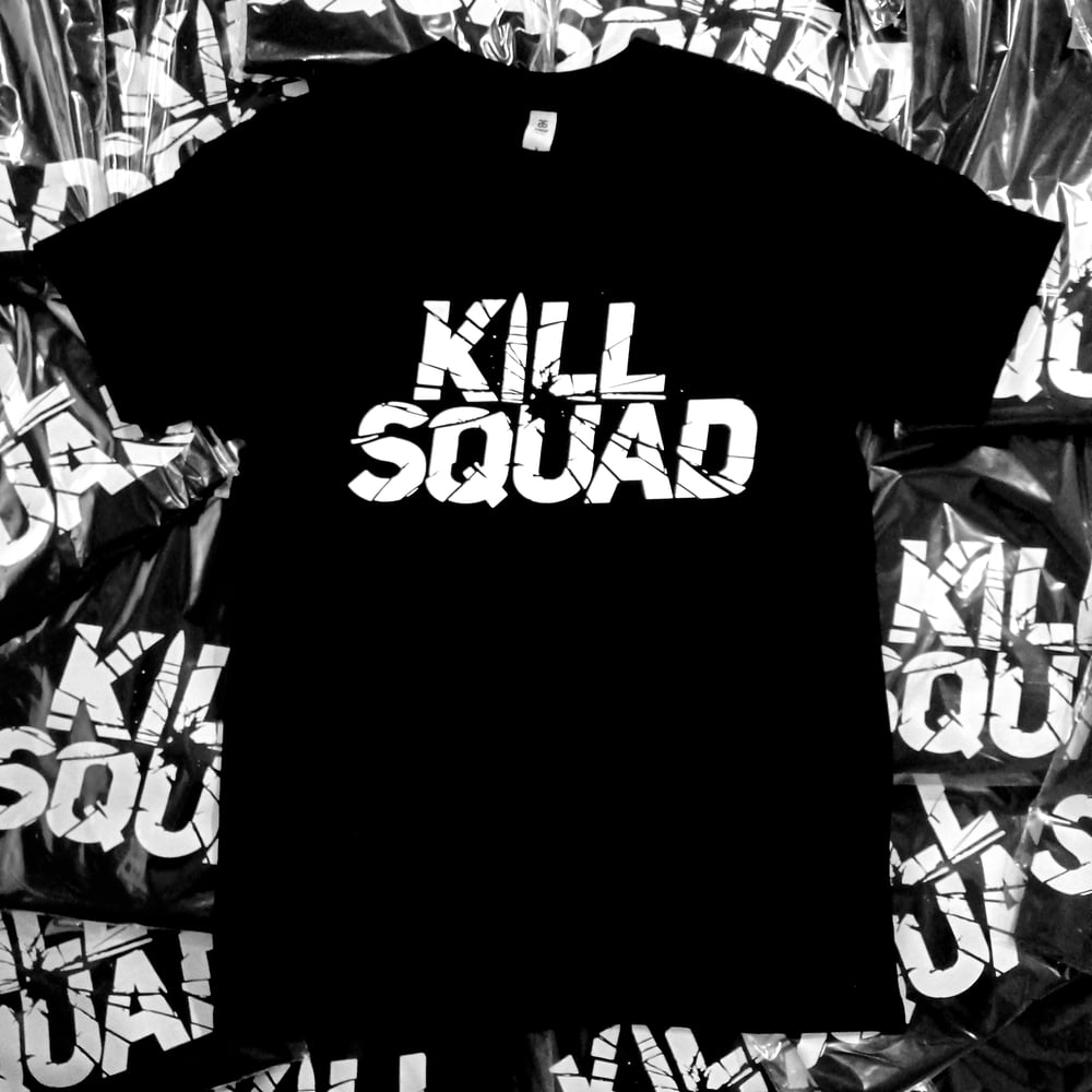 Image of "KILL SQUAD" Logo Shirt.  White on Black.  Mens