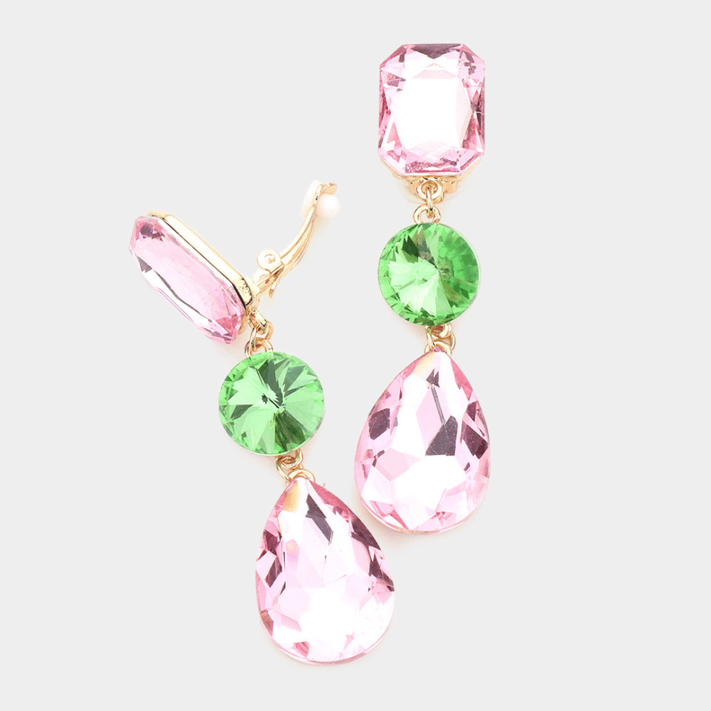 Image of Clip On Pink and Green Teardrop Earrings/AKA Colors/AKA Jewelry