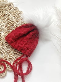 Image 2 of Newborn knitted hat for photoshoot | red and white | with pompom | dark red | Christmas| winter