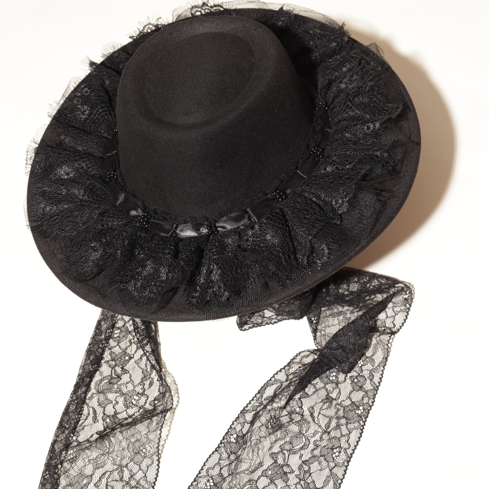 Image of Lace ruffle and bow wide brim sun hat with ties gothic pinup style summer