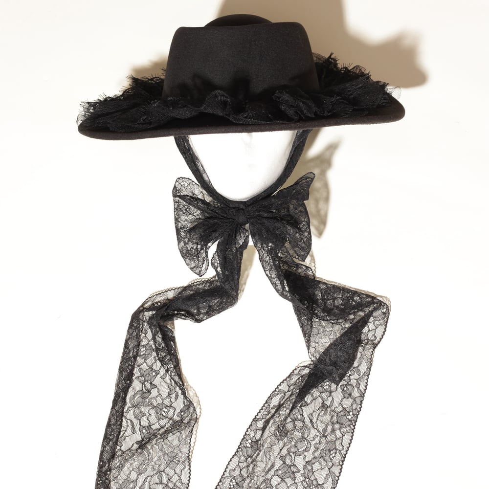 Image of Lace ruffle and bow wide brim sun hat with ties gothic pinup style summer