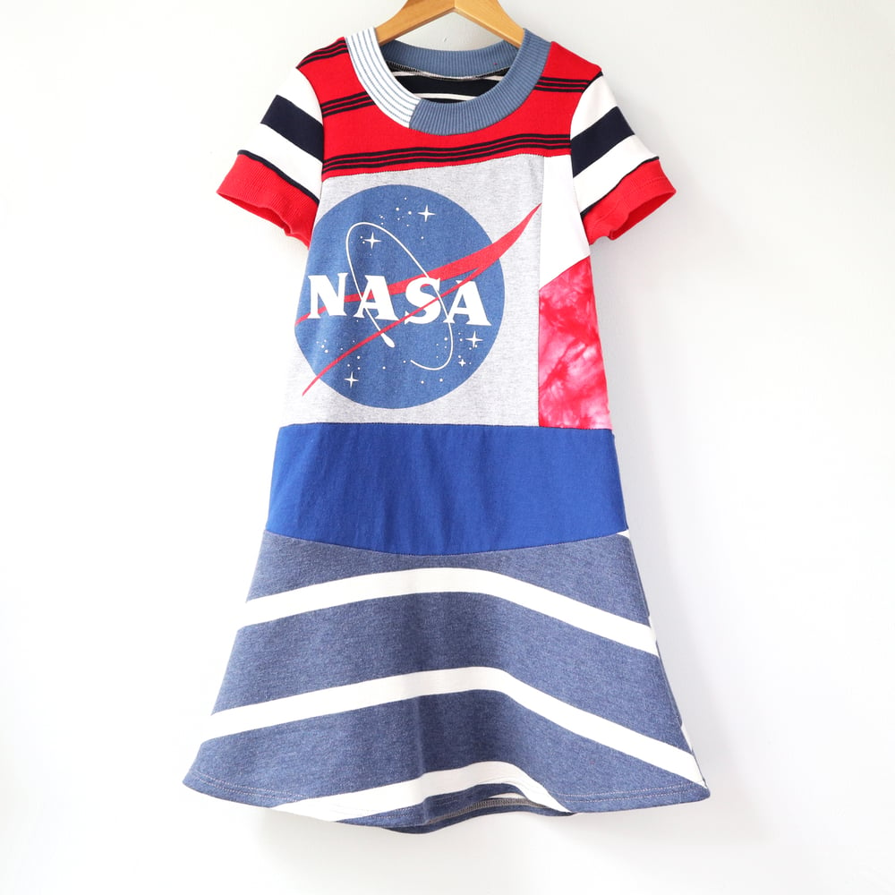 Image of NASA patchwork superstripe stripe 7/8 short sleeve courtneycourtney dress red blue tiedye