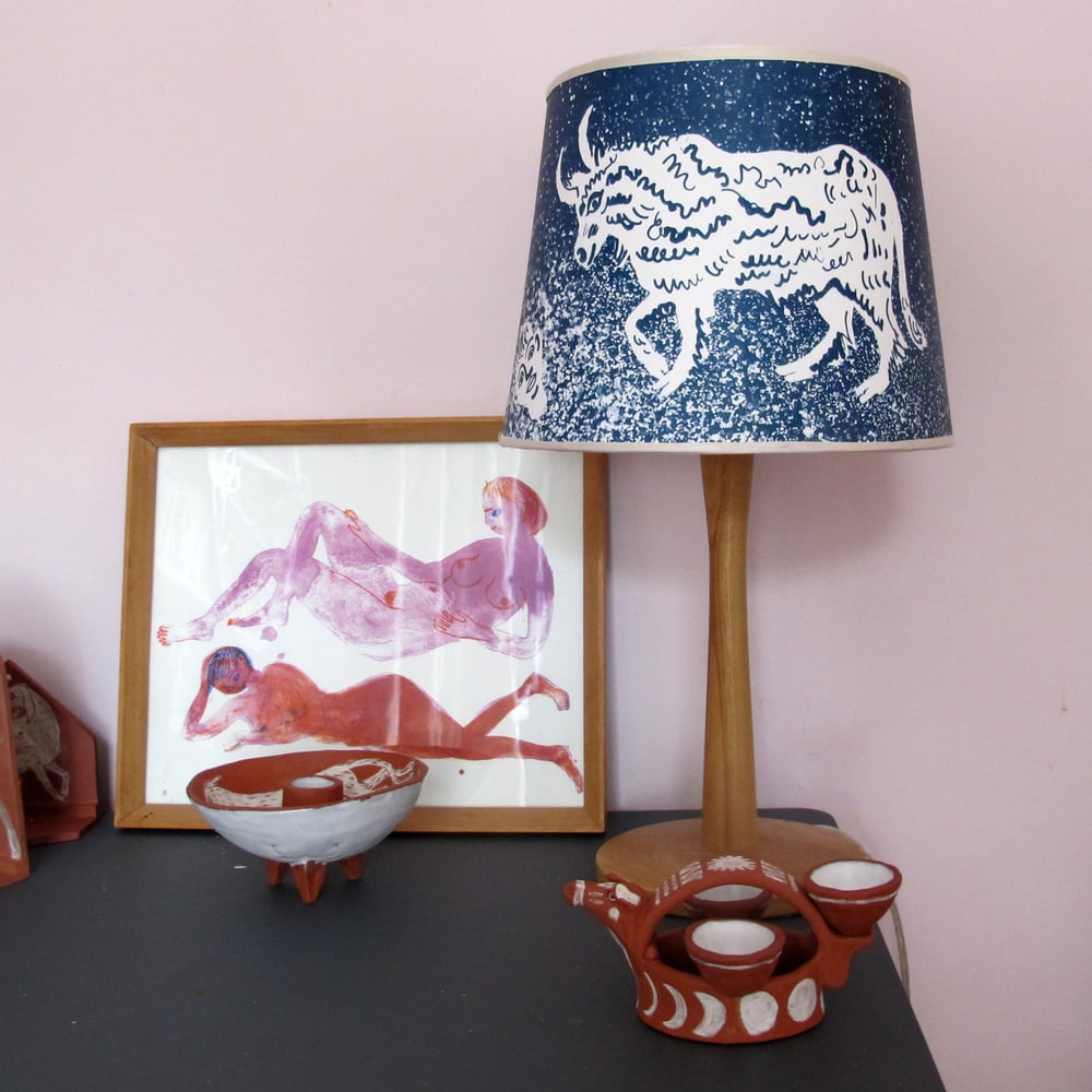 Minotaur and bull litho lampshade - paper, ecru binding.