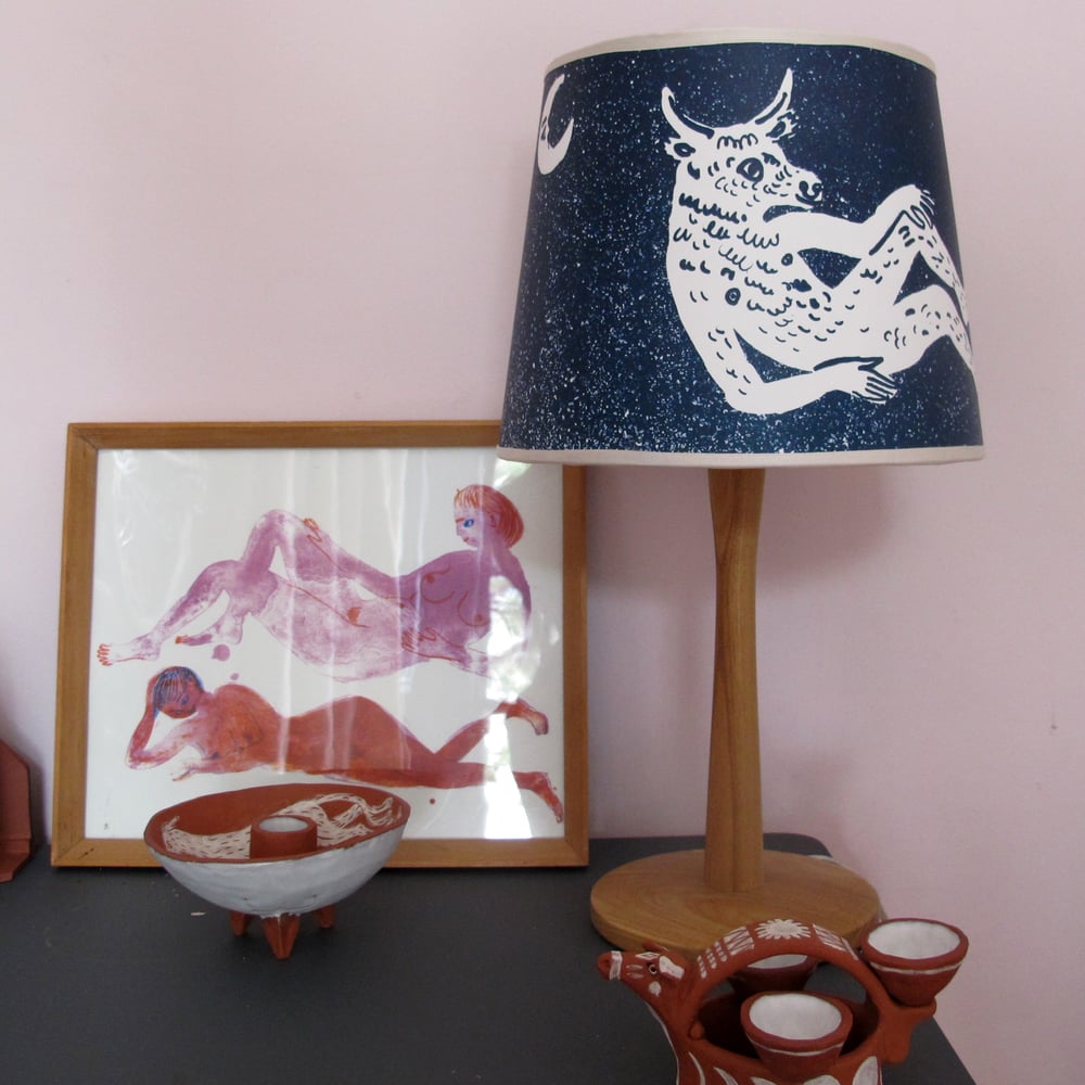 Minotaur and bull litho lampshade - paper, ecru binding.