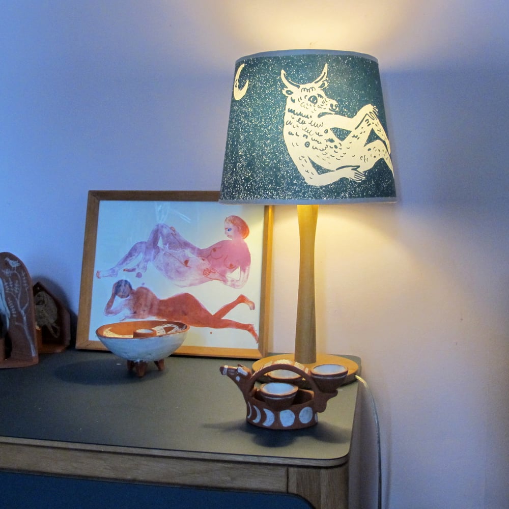 Minotaur and bull litho lampshade - paper, ecru binding.