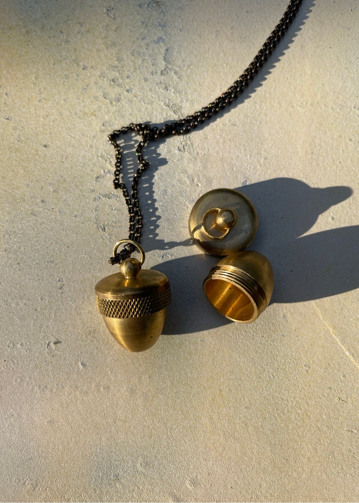 Image of Vintage Brass Acorn Necklace  - secret compartment -unscrew top