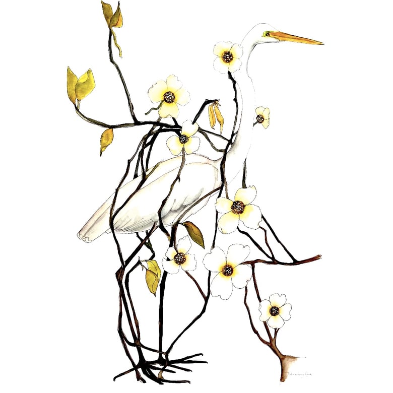 Image of Egret in the garden, nature-inspired bird art