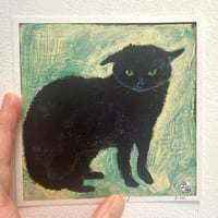 Image 5 of Small square art print ‘Jeff’ (black cat with ears down) free custom option available