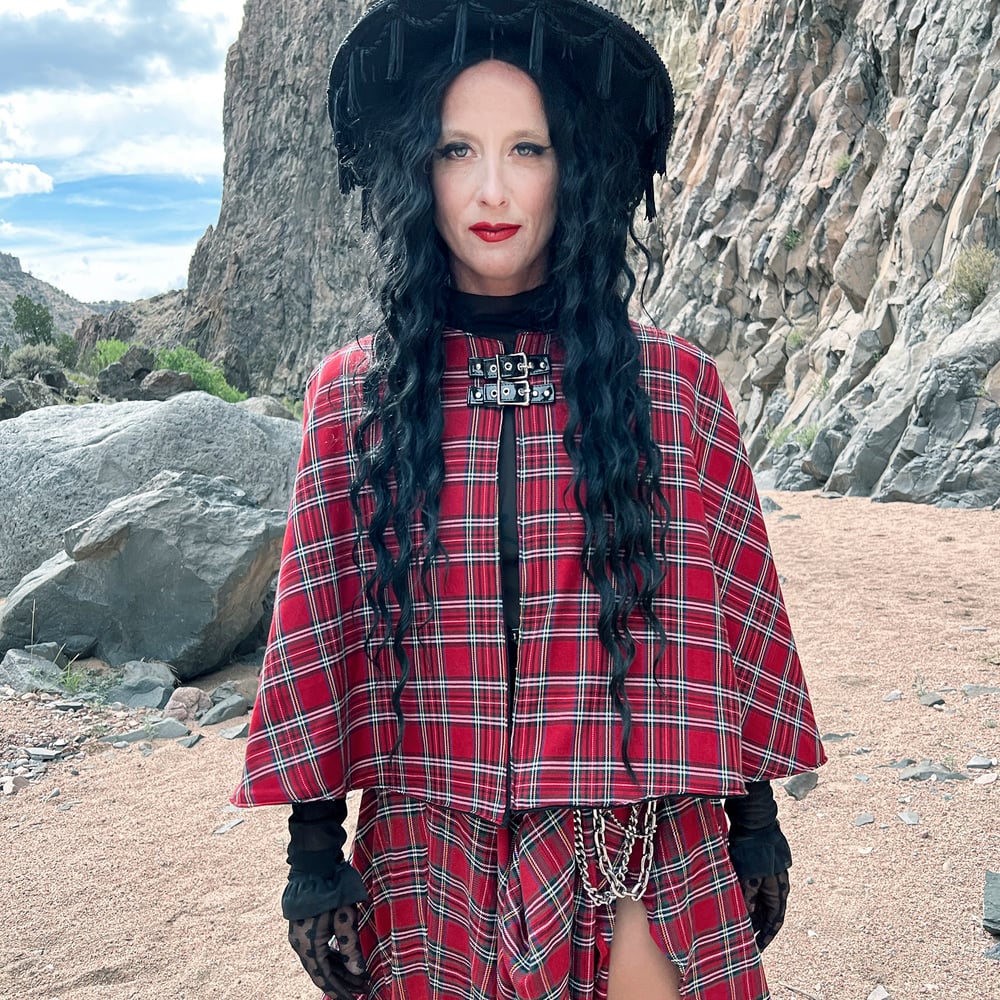 Image of Red tartan short plaid cape with buckles