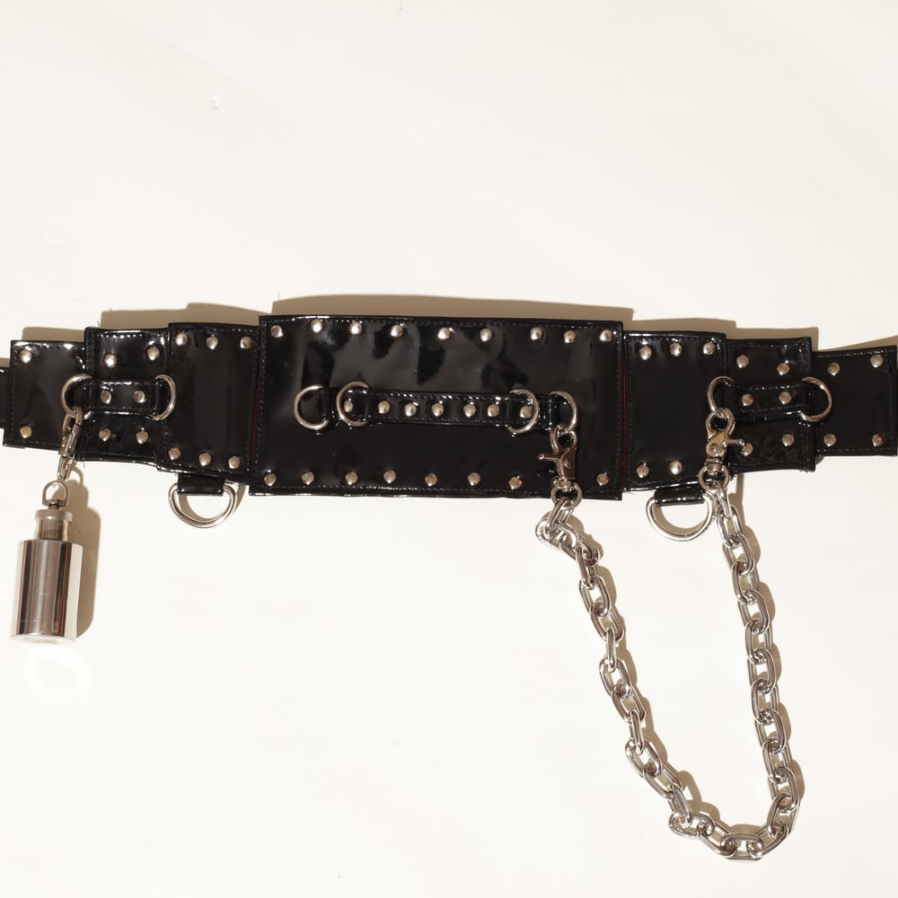 Image of PVC studded corset belt with chains buckles D rings made to order