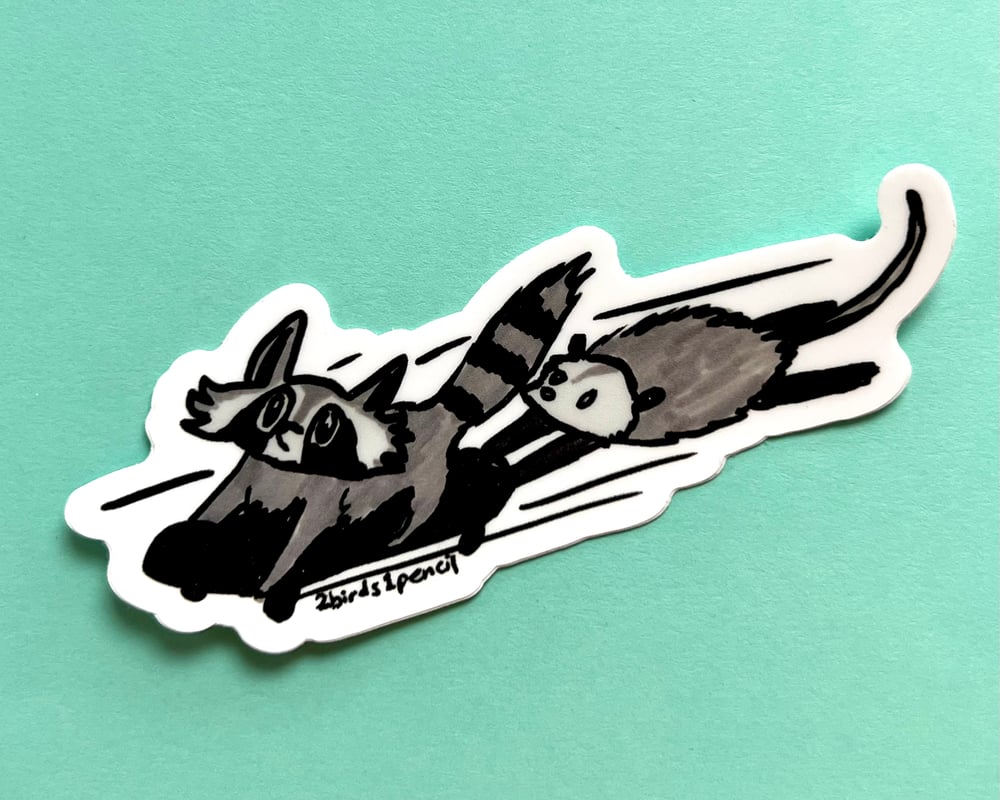Image of Possum and Raccoon riding a skateboard vinyl sticker