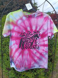 Image 1 of Nordic horse on pink, navy, lime ice dyed T age 7