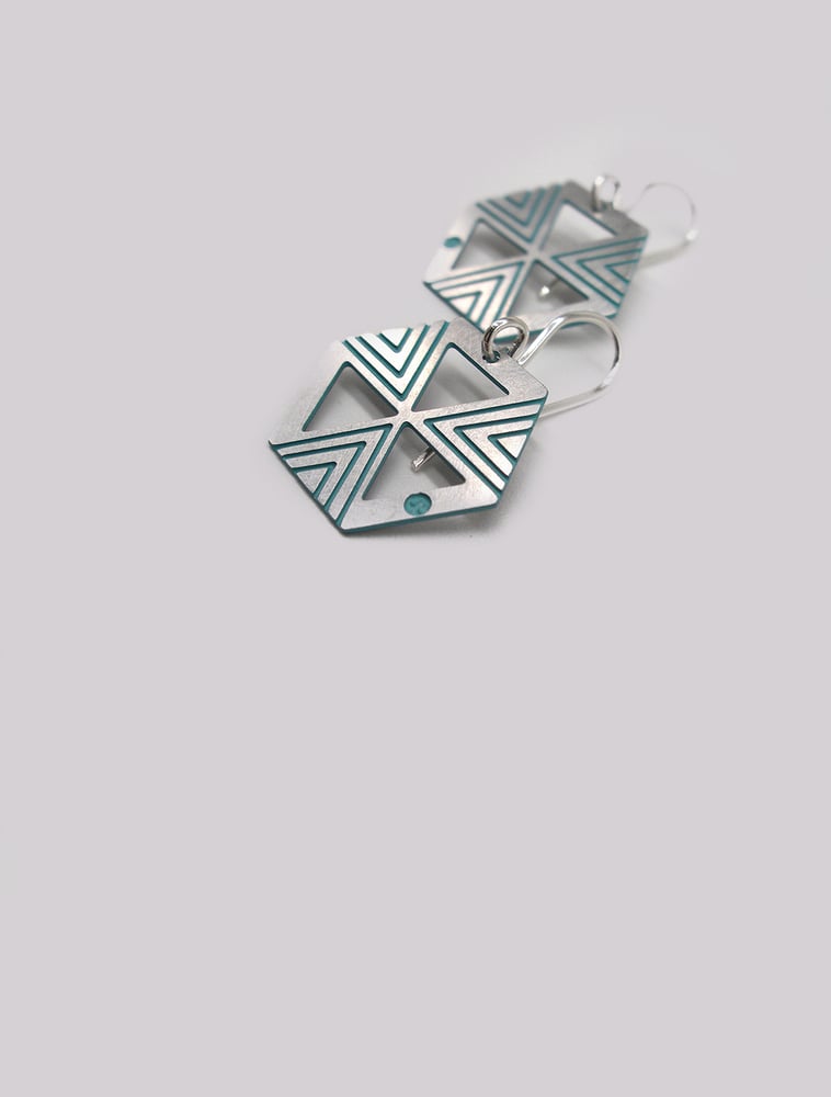 Image of EARRING: HEXAGON HIVE (STEEL or BRASS/ BLUE)