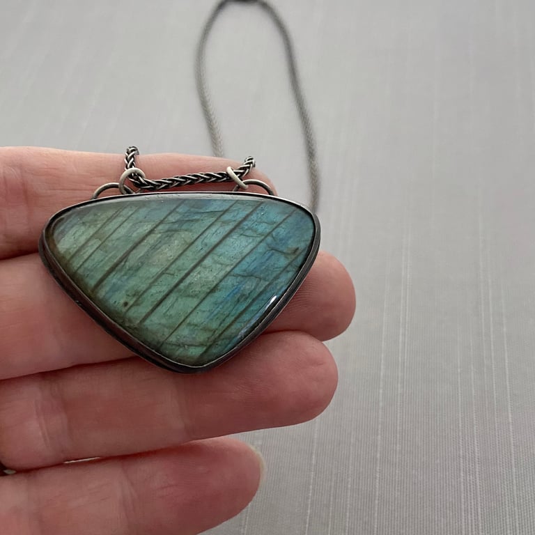 Sterling Silver and Labradorite Necklace with Great Blue Heron, Muskrat and Cattails Etching Image 4
