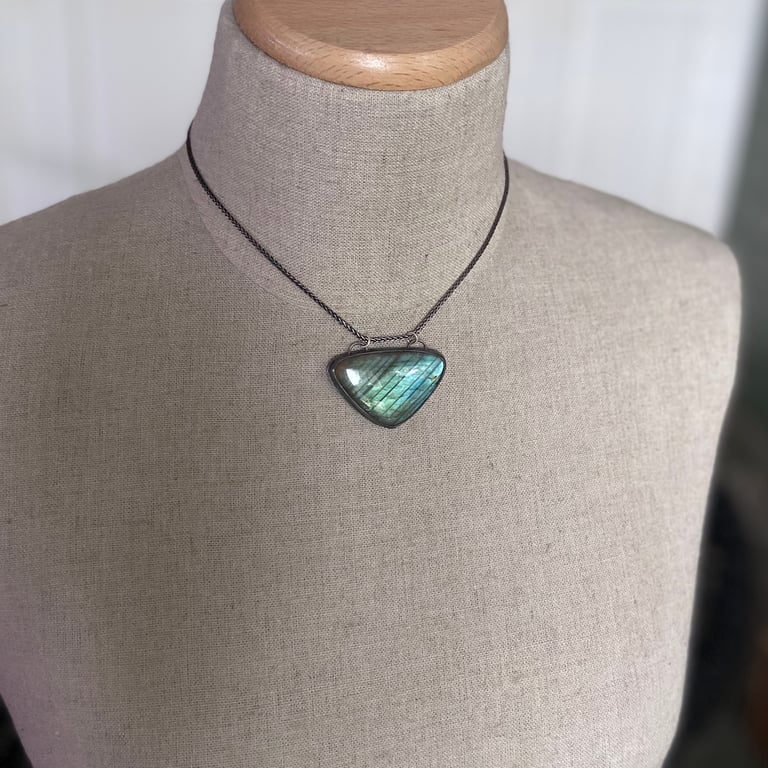Sterling Silver and Labradorite Necklace with Great Blue Heron, Muskrat and Cattails Etching