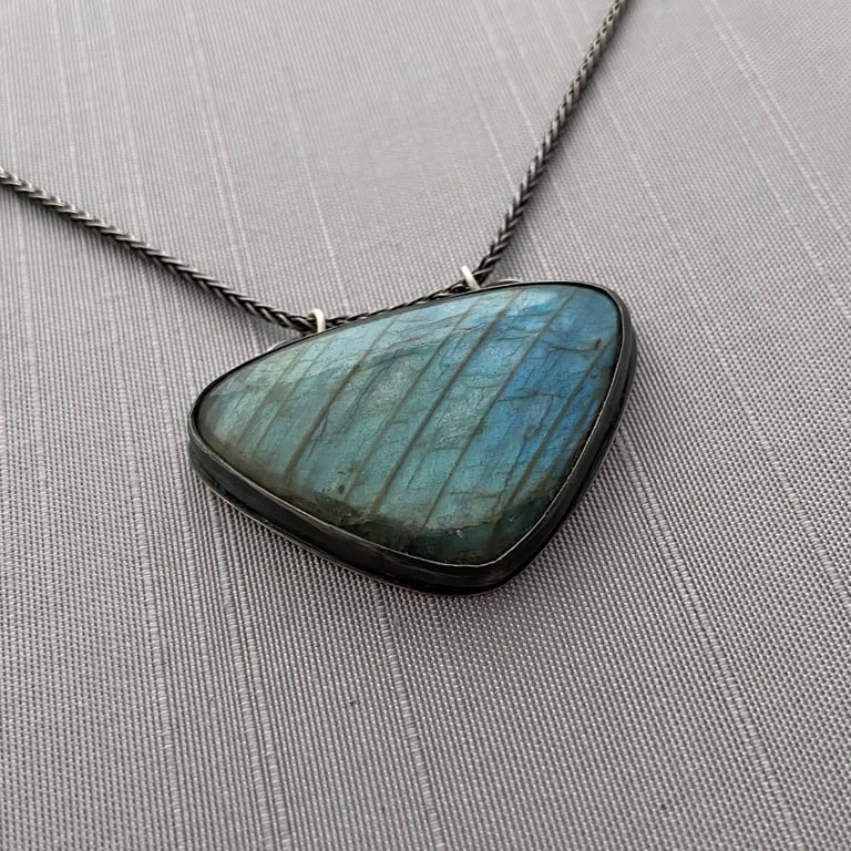 Sterling Silver and Labradorite Necklace with Great Blue Heron, Muskrat and Cattails Etching Image 2