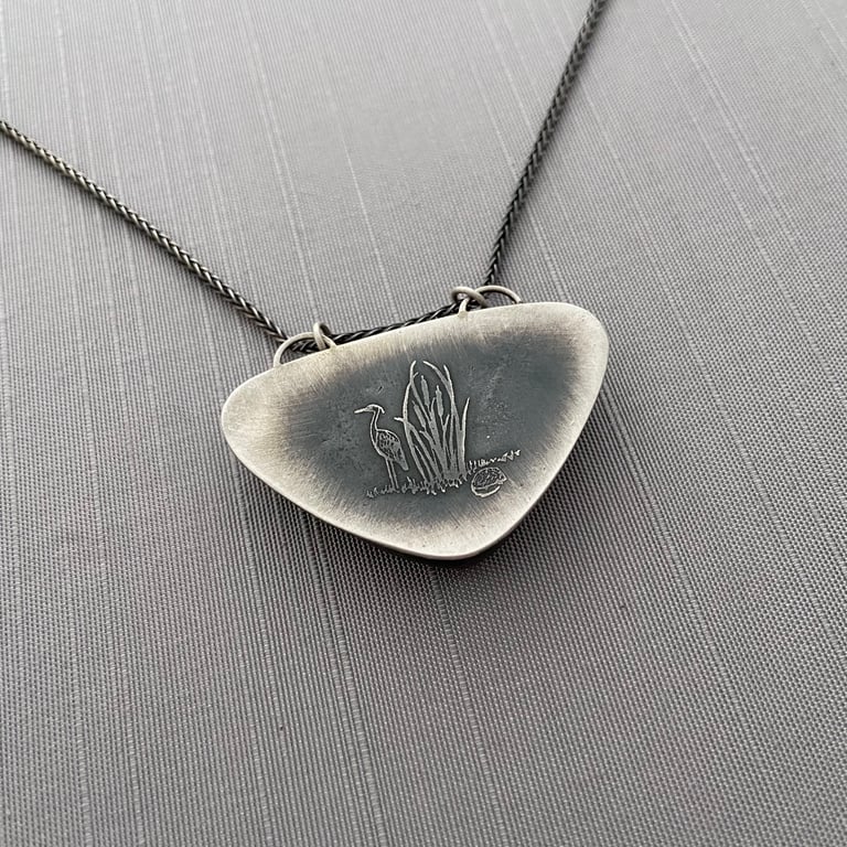 Sterling Silver and Labradorite Necklace with Great Blue Heron, Muskrat and Cattails Etching Image 3
