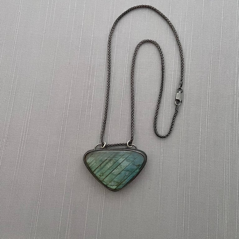 Sterling Silver and Labradorite Necklace with Great Blue Heron, Muskrat and Cattails Etching Image 5