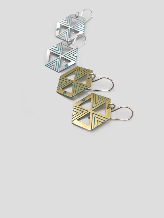 Image of EARRING: HEXAGON HIVE (STEEL or BRASS/ BLUE)