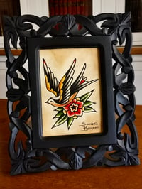 Image 1 of  "SWALLOW AND FLOWER” original watercolor with wooden frame