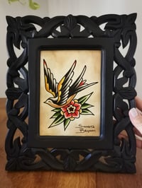 Image 4 of  "SWALLOW AND FLOWER” original watercolor with wooden frame