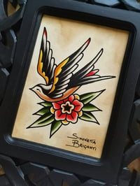 Image 3 of  "SWALLOW AND FLOWER” original watercolor with wooden frame