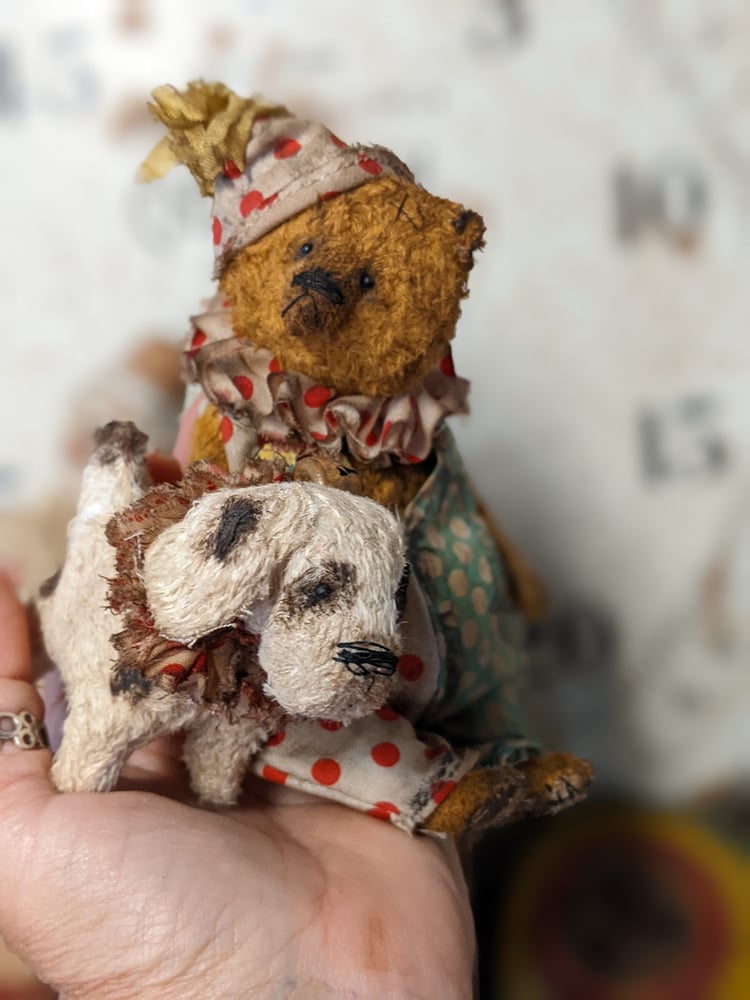 Image of TEDDY & WOOF - (SET) 5" Old Toy Circus Teddy Bear & little Dog Woof by Whendi's Bears.
