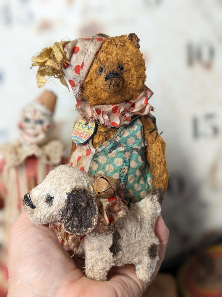 Image of TEDDY & WOOF - (SET) 5" Old Toy Circus Teddy Bear & little Dog Woof by Whendi's Bears.