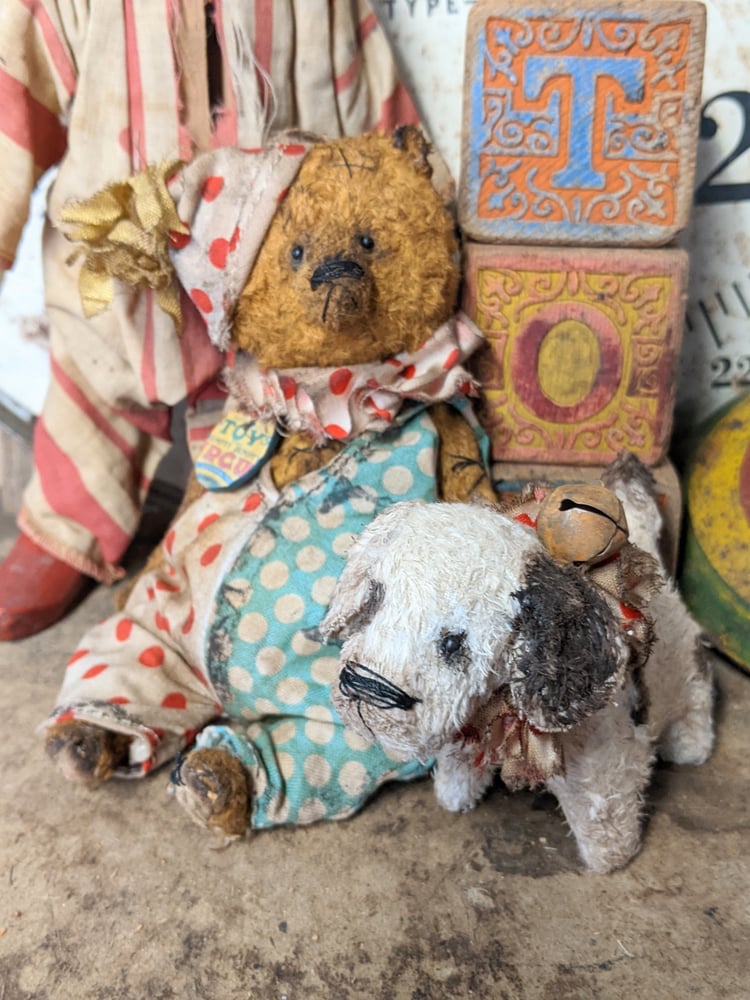 Image of TEDDY & WOOF - (SET) 5" Old Toy Circus Teddy Bear & little Dog Woof by Whendi's Bears.