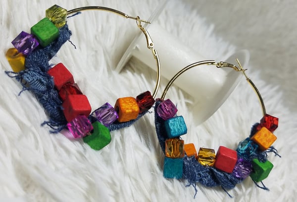 Image of Tasty Raw Edge Denim Frutti Cubes “Melody” Hoops