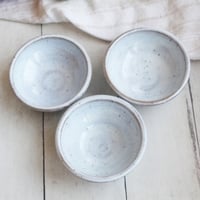 Image 2 of Three Small Rustic Prep Bowls in Speckled Stoneware and White Blush Blue Glaze Made in USA