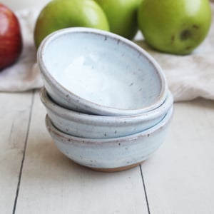 Image of Three Small Rustic Prep Bowls in Speckled Stoneware and White Blush Blue Glaze Made in USA