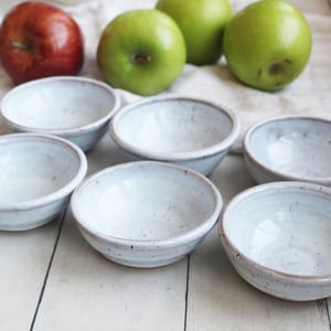 Image of Three Small Rustic Prep Bowls in Speckled Stoneware and White Blush Blue Glaze Made in USA