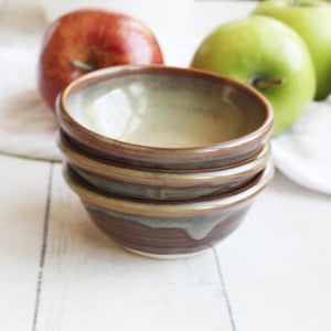 Image of Set of Three Sage Green and Brown Small Ceramic Prep Bowls, Stoneware Pottery, Made in USA