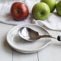 Image 1 of Large Handmade Spoon Rest in Natural Beige Glaze, Speckled Pottery Utensil Plate, Made in USA