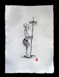 'Pixie with Spear' Red Stamp Lino Cut print