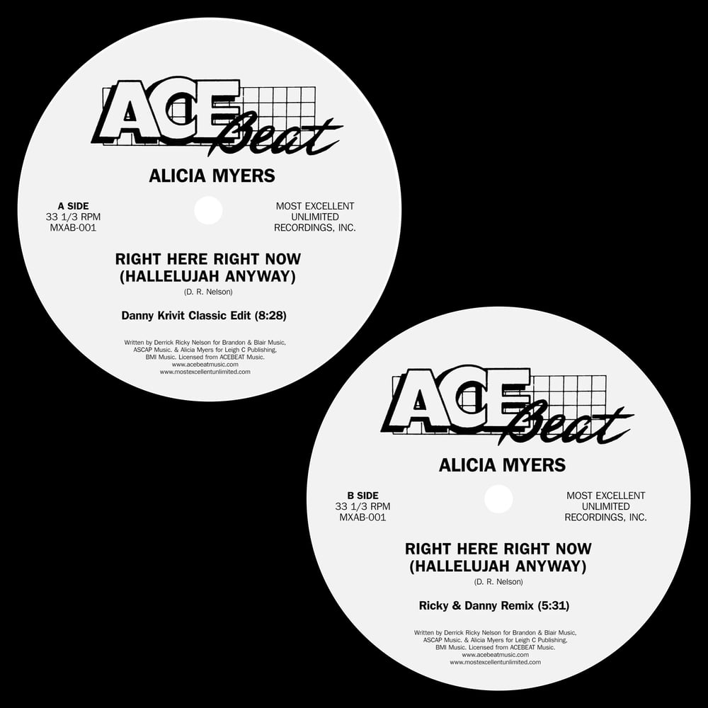 [12"] Alicia Myers, "Right Here Right Now (Hallelujah Anyway)" (The Danny Krivit Mixes) — MXAB001