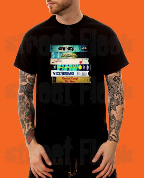 Image of  VHS Stack T Shirt with Vintage Weed Smoking themed movies Tee, Shirts tapes old school
