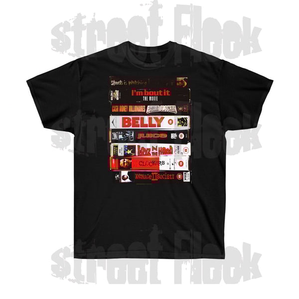 Image of VHS Stack T-shirt of Vintage 90s Hip Hop Gangster movies themed shirts JUICE 2pac Clockers